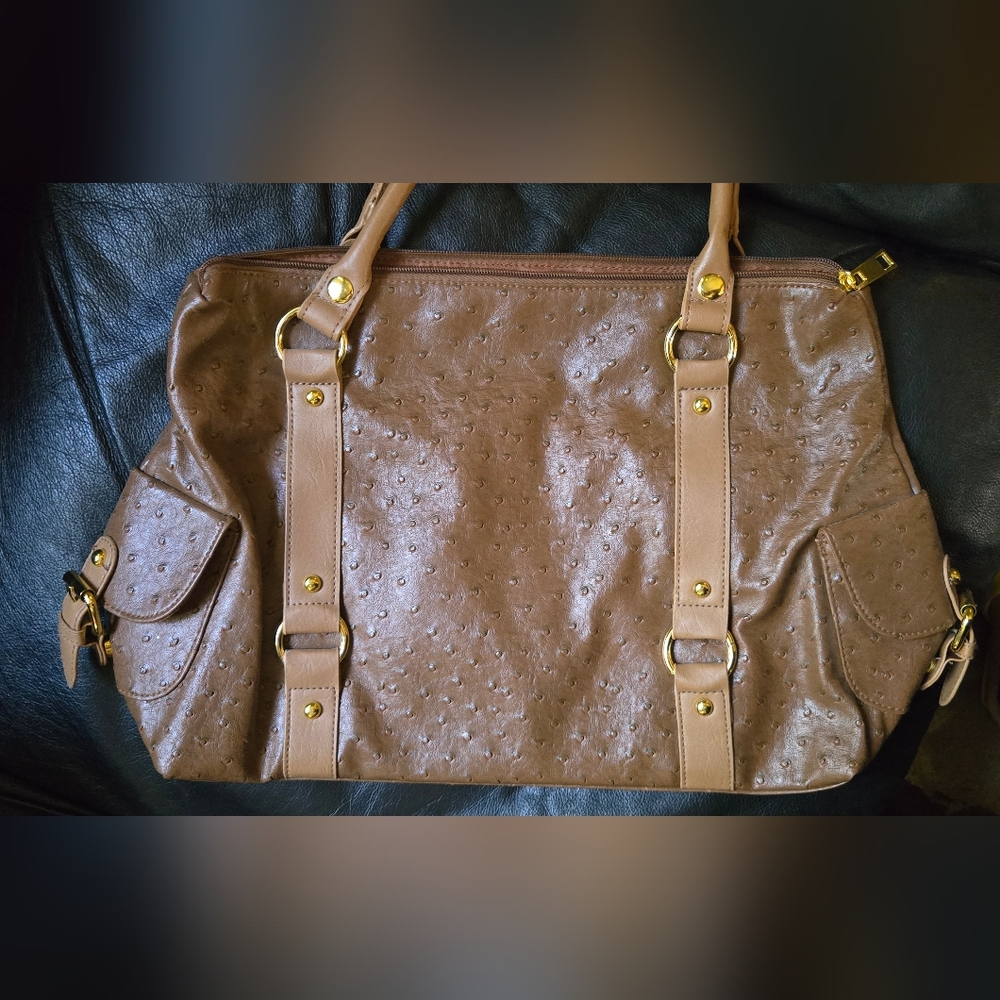 mark. Light Brown Faux Ostrich Medoum Travel Tote with Gold Accents 16"×12"×5" - Picture 8 of 8